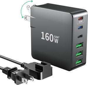 USB C Charger 160W Fast GaN Compact Foldable Rapid Plug 6 Multiple Port PD Charging Station Laptop Power Adapter for MacBook Pro/Air and iPad Pro iPhone15/14/13. Galaxy Note20 S22 Pixel