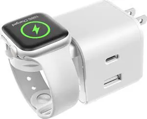 36W for  Charging Block with Built-in Watch Charger Foldable PD Fast Charger Block for iPhone Dual Ports Wall Charger Compatible with  Watch iPhone AirPods (White)