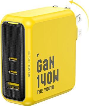 Youth 140W GaN+ USB C Charger 100W Laptop Fast Charger PD3.1 PPS 3-Port USB C Wall Charger Power Adapter for MacBook Pro 16'',  XPS, iPhone 15 Pro, iPad Pro, Tablet, Chromebook, Yellow