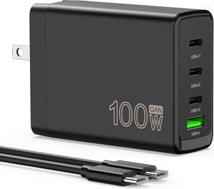 100W USB C Charger Block 4-Port GaN Fast Charger for MacBook Pro MacBook Air Google Pixelbook ThinkPad  XPS iPad Pro Galaxy iPhone All USB C Devices 6ft 100w USB C to USB C Cable Included