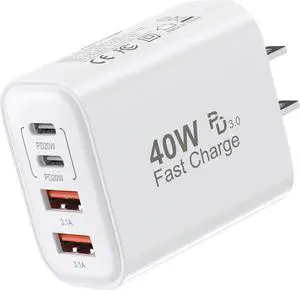 USB C Block 40W 4 Ports Wall Plug Fast Charging Block PD+QC Multiport Power Adapter USB C Charger Type C for iPhone 16 15 14 13 12 11 Pro Max X Xr Xs 8 7 Watch Galaxy Phones (White 1Pack)