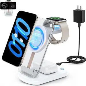 2025 Magnetic Wireless Mag-Safe Charger Stand 3 in 1 Charger with Light for iPhone 16 15 14 13 12 Pro Max Plus Charging Pad for  Watch Series & Air pods 4 3 2 Pro(White)
