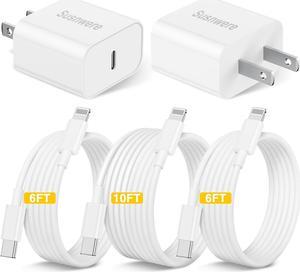 iPhone 14 13 12 Charger Fast Charging 2Pack 20W Fast PD USB C Wall Charger Adapter with 3Pack( 10Ft + 6Ft x2)USB C to Lightning Cable(MFi Certified) for 14/14 Plus/14 Pro/14 Pro Max/13/ White