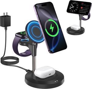 3 in 1 Wireless Charging Station for Multiple Devices Apple, 15W Fast Magnetic Mag-Safe Charger Stand for iPhone 16 15 14 13 12 Pro Max Plus Mini Apple Watch AirPods Pro 4 3 2, Black