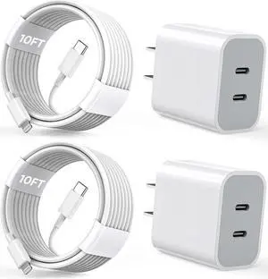 iPhone Charger [Apple Certified] 2Pack PD Dual USB C Charger Block Fast Charging Wall Charger Plug with 10FT Long Rapid Type C - Lightning Cable Apple Charger for iPhone 14/13/12/11 Pro/XS/XR/SE iPad