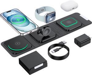 Wireless Charger for iPhone - 3 in 1 Charging Station for  Multiple Devices Foldable Magnetic Mag-Safe Travel Charging Pad for iPhone 16 15 14 13 12 Pro Max Plus iwatch Watch & Airpods