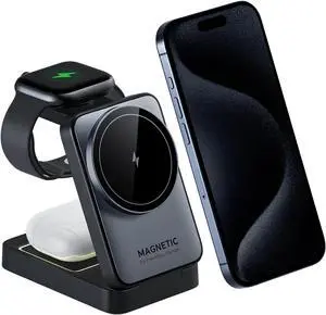 2024 Upgraded 3-in-1 Wireless Charger for iPhone Travel Magnetic Charger Stand Nightlight Foldable Wireless Charging Station Compatible with Magsafe Charger&iPhone 16/15/14/13/12  Watch&AirPods
