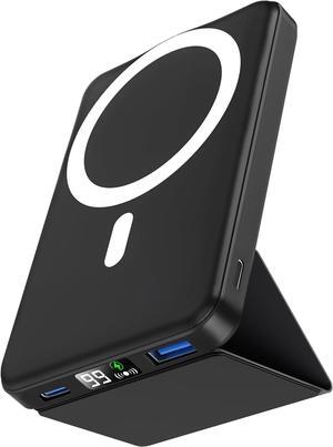 for Magsafe Battery Pack Foldable 10000mAh Wireless Portable Charger with USB-C Cable LED Display 22.5W PD Fast Charging Magnetic Power Bank for iPhone 16/15/14/13/12 All Series-Black