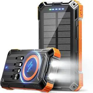 Power Bank 49800mAh Solar Charger Wireless Charging USB-C 5V/3.1A Fast Charging with 4 Built-in Cables LED Flashlight Battery Pack Compatible with iPhone iPad Galaxy Perfect for Camping Hiking