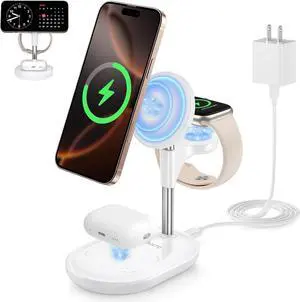 3 in 1 Wireless Charging Station for Apple MagSafe Charger, 15W Fast Qi-Certified Magnetic Mag-Safe Charger Stand for iPhone 16 15 14 13 12 iWatch AirPods, Adjustable Angle, Gifts for Women