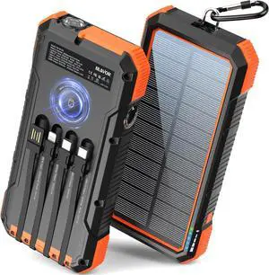 Solar Power Bank 20000mAh Built in 4 Cables 20W Fast Charging Portable Charger with USB C in/Output Flashlight Wireless Charging Battery pack for  Watches Compatible with All Mobile Phones