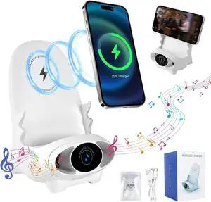 Mini Chair Wireless Fast Charger Multifunctional Phone Holder Stand Portable Mini Chair Wireless Charger 3 in 1 Cell Phone Stand for Desk Charging Desktop Cellphone Stand with Speaker Function (White)