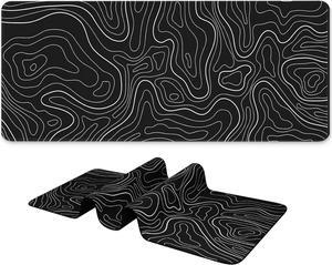 Long Gaming Mouse Pad 31.5 x 11.8 inches Extended Anime Mousepad Large Desk Pad with Non-Slip Base Full Keyboard Mat with Stitched Edges for Gaming and Office (Black Topographic Line)