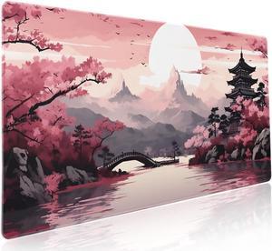 Pink Japanese Sakura Gaming Mouse Pad XXL Cherry Blossom Tower Mountain Landscape Big Extended Large Desk Mat Non-Slip Rubber Base Stitched Edge Long Mousepad for Computer Gamer 35.4 x 15.7 in