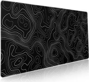 Topographic Contour Black Gaming Mouse Pad XXL Topo Geographic Map Lines Extended Large Mouse Pad Big Desk Mat Non-Slip Rubber Base Stitched Edge Long Mousepad for Desktop Office Desk 35.4 x 15.7 in
