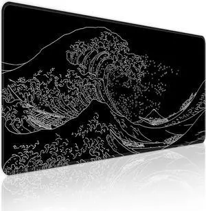 Japanese Sea Wave Extended Big Mouse Pad Large XL Gaming Mouse Pad Desk Pad 31.5x11.8inch Long Computer Keyboard Mouse Mat Mousepad with 3mm Non-Slip Base and Stitched Edge for Home Office Work