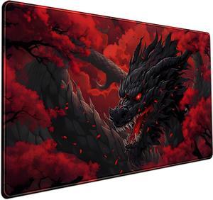 Huge Dragon Large Mouse Pad Red and Black Mousepad Red Desk Mat Big Full Keyboard and Mouse Pad Cool Desk Pad for Keyboard Mouse with Stitched Edges Anti-Slip Funny Desk Pad 31.5 X 15.8 in.