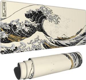 White Black The Great Wave Off Kanagawa Mouse Pad XL Extended Mat Non Slip Rubber Base Stitched Edge Gaming Pc Desktop Large Mice Pad 31.5 X 11.8 Inch