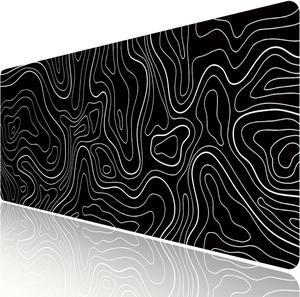 Large Gaming TOPO Keyboard Mouse Pad Black and White Topographic Mouse Pad with Anti-Slip Rubber Base Extended XXL Long Gaming Mousepad Big Mouse Pads for Desk 31.5 X 11.8 Inch