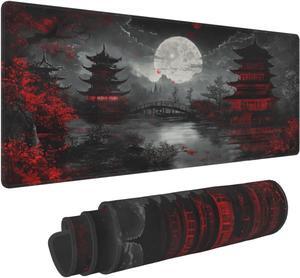 Japanese Mouse Pad XXL 31.5 X 11.8 Inch Black Red Design Style Extended Large Gaming Mousepad Keyboard Full Desk Mat Non-Slip Rubber Base Stitched Edges for Home Office