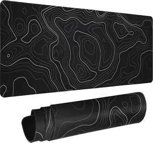 Topographic Contour Large Gaming Mouse Pad 31.5x11.8inch Extended Big Mousepad Desk Pad with Non-Slip Base and Stitched Edge Minimalist Black Computer Keyboard Desk Mat for Gaming Office Work