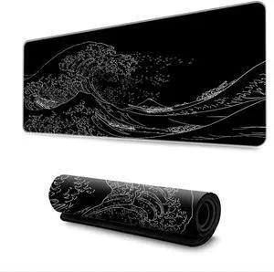 Sea Wave Gaming Mouse Pad Anime Gaming Mousepad Extended Kanagawa Mat Desk Mat Large Desk pad 31.5x11.8 Inch 3mm Thick Long Non-Slip Rubber Base Mice Mouse Pads (Black)