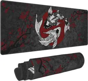 Japanese Koi Fish Ying Yang Black Red XXL XL Large Gaming Mouse Pad for Desk Non-Slip Long Extended Keyboard Pads Mousepad Rubber Table Mat 31.5 X 11.8 Inch