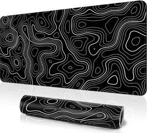 Topographic Contour Large Gaming Mouse Pad for Desk Black Mouse Pad Gaming Desk Mat for Keyboard and Mouse 31.5x11.8in Xl Mousepad With Stitched Edge Non-Slip Base Computer Keyboard Mouse Mat Desk Pad