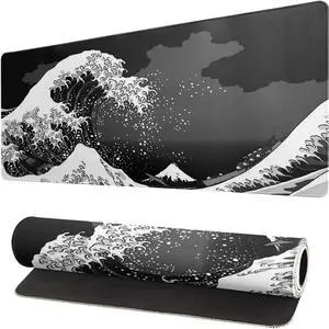 Japanese Black Sea Wave Mouse Pad Large Gaming Mousepad Non-Slip Rubber Base Kanagawa Big Keyboard Mouse Mat Stitched Edges 31.5x11.8 Inch XL Desk Mat Computer Desk Pad for Home Office and Gaming