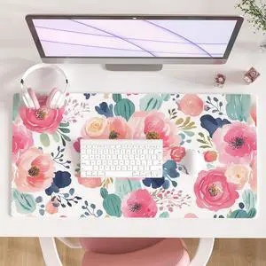 Large Mouse Pad Pink Floral Desk Mat for Desktop Women Girls Flowers PU Leather Waterproof Desk Pad Computer PC Laptop Protector Gaming Mouse Pads for School Office Home 31.5 x 15.7