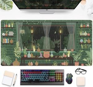 Cute Rainy Night Desk Mat Green Plants Desk Pad Anime Black Cat Kawaii Large Gaming Mouse Pad Moonlight Fireflies Deskmat Aesthetic Mousepad XXL Laptop Keyboard Pad for Women Desk 31.5x15.75