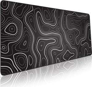Minimalist Topographic Map Mouse Pad - Contour Extended Large Stitch Edge Mousepad. Black & White Non-Slip XXL Gaming Desk Mat