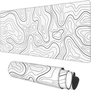 Desk Mat White Topographic Contour Map Extended Gaming Mouse Pad Large 35.4x15.7 Big Mouse Pad with Non-Slip Base and Stitched Edge Long Computer Keyboard Mouse Mat for Home Office Work