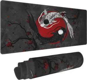 Japanese Yin and Yang Koi Carp Gaming Mouse Pad XL Non Slip Rubber Base Mousepad Stitched Edges Desk Pad Extended Large Mice Pad 31.5 X 11.8 Inch