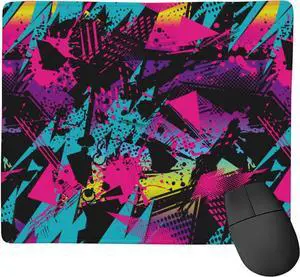 Abstract Grunge Elements Mouse Pad Neon Color Patterns Square Waterproof Mouse Mat Non-Slip Rubber Base Durable Stitched Edges Computer Mousepad for Gaming Home Office Wireless Mouse 9.5x7.8