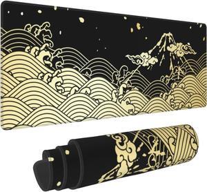 Japanese Wave Gold Black XXL XL Large Gaming Mouse Pad for Desk Non-Slip Long Extended Keyboard Pads Mousepad Rubber Table Mat 31.5 X 11.8 Inch