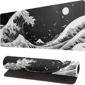 Japanese Black Sea Wave Mouse Pad Abstract Black Gaming Mouse Pad 31.5x11.8 Inch Sea Wave Texture Non-Slip Rubber Base Wave Large Mousepad Stitched Edges Keyboard Mouse Mat Desk Pad for Office Home