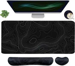 Topographic Mouse Pad Set Extended Mouse Pad+Keyboard Wrist Rest Memory Foam Ergonomic Easy Typing 4Pcs (35.4×15.7 in) Desk Pad Set for Home Office Study Game-Topographic Contour