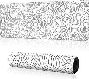 Topographic White Gaming Mouse Pad 12x 31.5in Desk Mat Minimalist Mouse Pads for Desk Extended White Keyboard Mousepad with Non-Slip Base and Stitched Edge