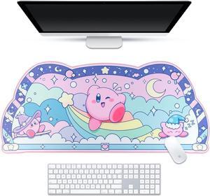 Pink Puff Ball Desk Pad | Kawaii Cute Anime Keyboard Gaming PC Laptop Mat | Large Super Smash Star Allies Forgotten Land Large Mat Mousepad | Pastel Pink Blue Desk Blotter Protector
