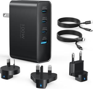 100W USB C Travel Charger, 4-Ports Foldable Travel Adapter Plug Converter with UK/EU/AU Plugs,Fast Charging for Macbook Pro/Air - iPad Pro - iPhone 16/15 Pro Max, for 45w  Galaxy, Black