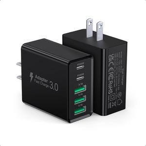 [2-Pack] USB C Wall Charger 50W USB C Charger Block 5-Port PD Fast Charging Blocks 2USB C+3USB A Multiport Plug Type C Power Adapter Brick Cube for iPhone 16/15/14/13/Pro  for SwitchBlack