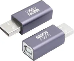 USB 2.0 B Type Connector Adapter USB A Male to USB B (MIDI) Female Power and Data Extension Adapter Aluminum Alloy Housing for Electronic Piano Printer Scanner etc 2Pcs