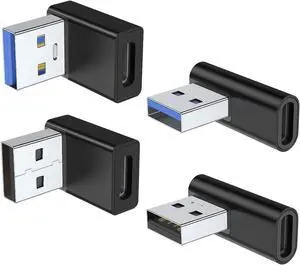90 Degree USB to USB C Adapter 4 Pack Up and Down Angle Left and Right Angle Type C Female to A Male Converter Extender for PC Laptop USB A Charger Power Bank and More (Black)