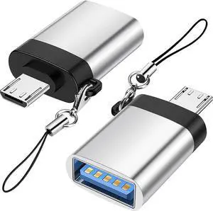 Micro USB to USB 3.0 Adapter (2 Pack) with Lanyard Micro USB Male to USB-A Female OTG Adapter Compatible with  S7 S6 OTG Micro Devices Flash Drive Keyboard (Silver)