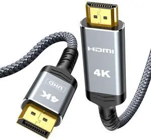 4K DisplayPort to HDMI 6.6ft Uni-Directional DP (Source) to HDMI (Display) 1.4 Cable 4K@30Hz 2K@60Hz 1080P Full HD Braided Cord for  NVIDIA AMD Monitor Projector (Grey)