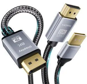 HDMI 2.1 to DisplayPort 1.4 Adapter Cable 6.6FT/2M, Unidirectional HDMI to Display Port Monitor Support 8K@60Hz, USB Powered HDMI Male to DP Male Converter for Computer PC Monitor PS5 Xbox NS