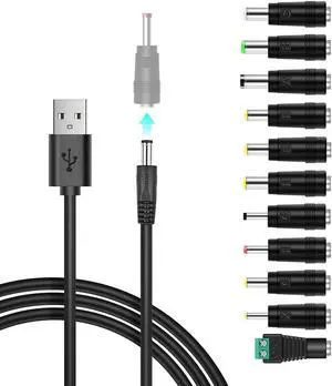 Universal USB to DC 5V Power Cord DC 5.5x2.1mm Jack Charging Cable with 11 Connector Tips (5.5x2.5 4.8x1.7 4.0x1.7 5.5x1.7 3.5x1.35 3.0x1.1 2.5x0.7 6.3x3.0 5.0x3.0 6.5x4.4 LED Interface)
