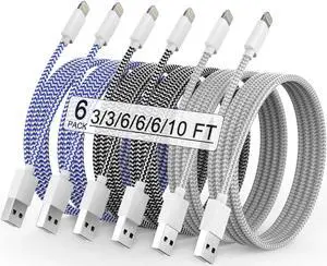 iPhone Charger 6Pack(3/3/6/6/6/10FT) Apple MFi Certified Fast Charging Lightning Cable iPhone Charger Cord Nylon Braided for iPhone 14 13/12/11 Pro Max/XS MAX/XR/XS/X/8/7/Plus/6S iPad and More
