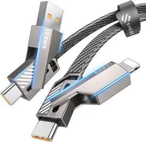 [Upgraded 2.0] 4-in-1 USB C Cable 60W 5FT Lightning Cable Fast Charging [480Mbps Data Sync] Flat Nylon Braided Charger Cord Combo with Lightning/USB C/USB A Port for iPhone iPad & Most Devices